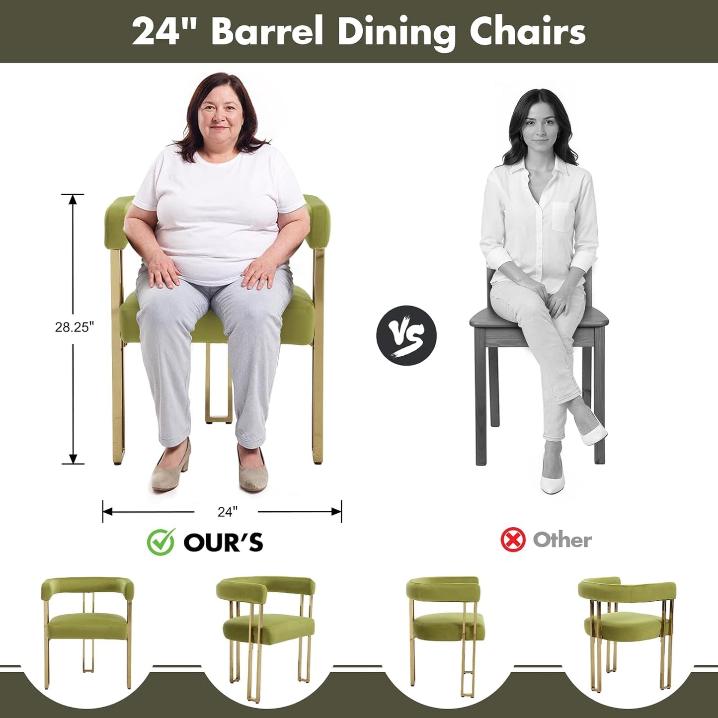 Hyfirm Green and Gold Modern Dining Chairs Set of 4, Velvet Upholstered Barrel Armchairs with Metal Legs for Kitchen Island, Mid Century Accent Chairs for Dining Room Living Room, Open-Back