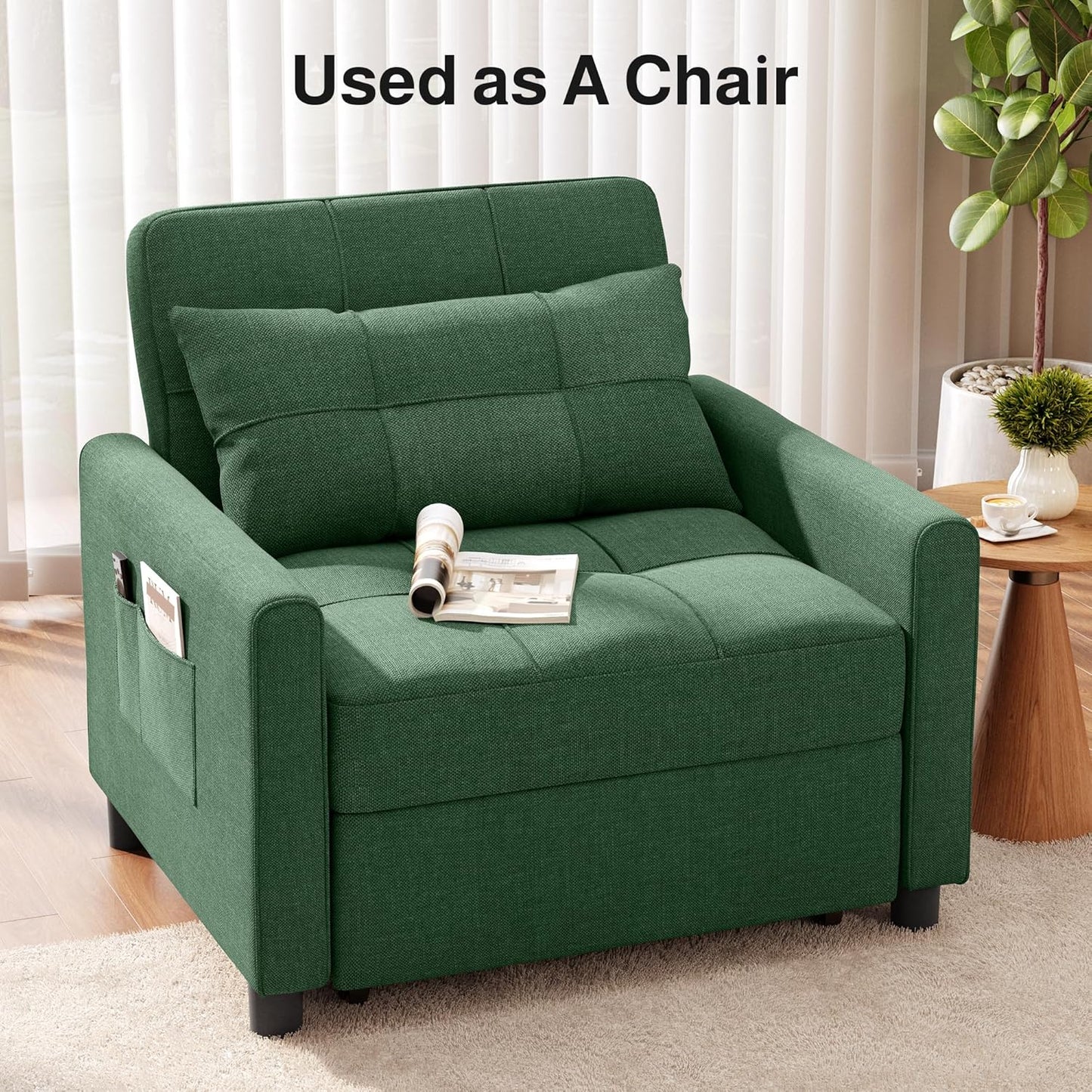 Ahomly Convertible Sleeper Chair Sofa Bed with 3-in-1 Design, Adjustable Backrest, and Storage Pocket for Living Room, Green