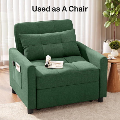 Ahomly Convertible Sleeper Chair Sofa Bed with 3-in-1 Design, Adjustable Backrest, and Storage Pocket for Living Room, Green
