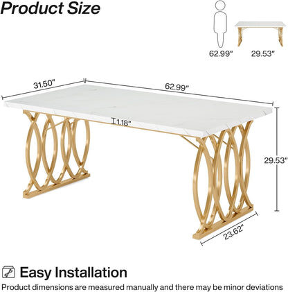 Tribesigns Modern Dining Table, 63" Large Kitchen Table for 4-6 People, Unique Rectangular Dinner Table Kitchen & Dining Room Furniture with Faux Marble Tabletop and Geometric Legs