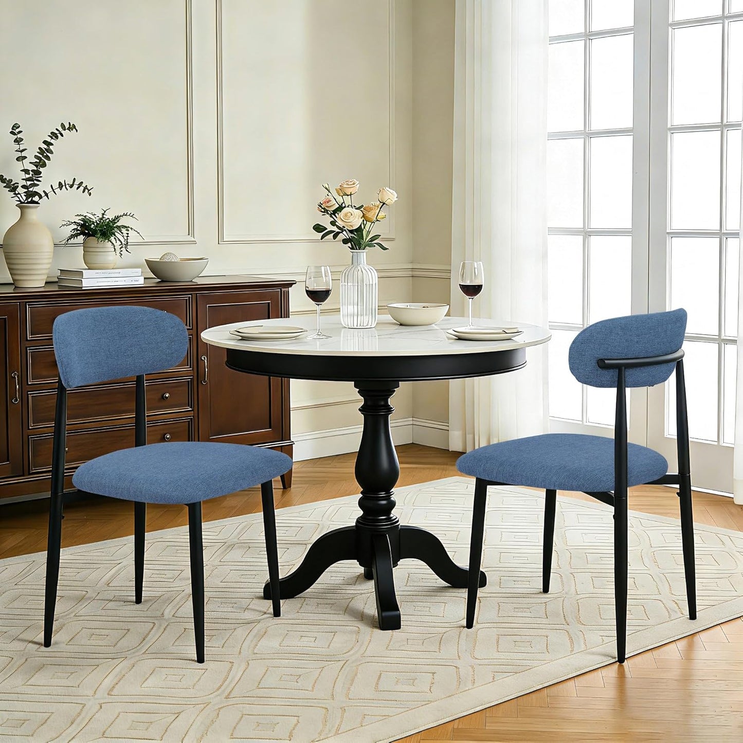 FREKEN Modern Upholstered Dining Chairs Set of 8, Mid-Century Metal Frame Linen Fabric Side Chair for Kitchen Dining Room, 350lbs Capacity, Blue