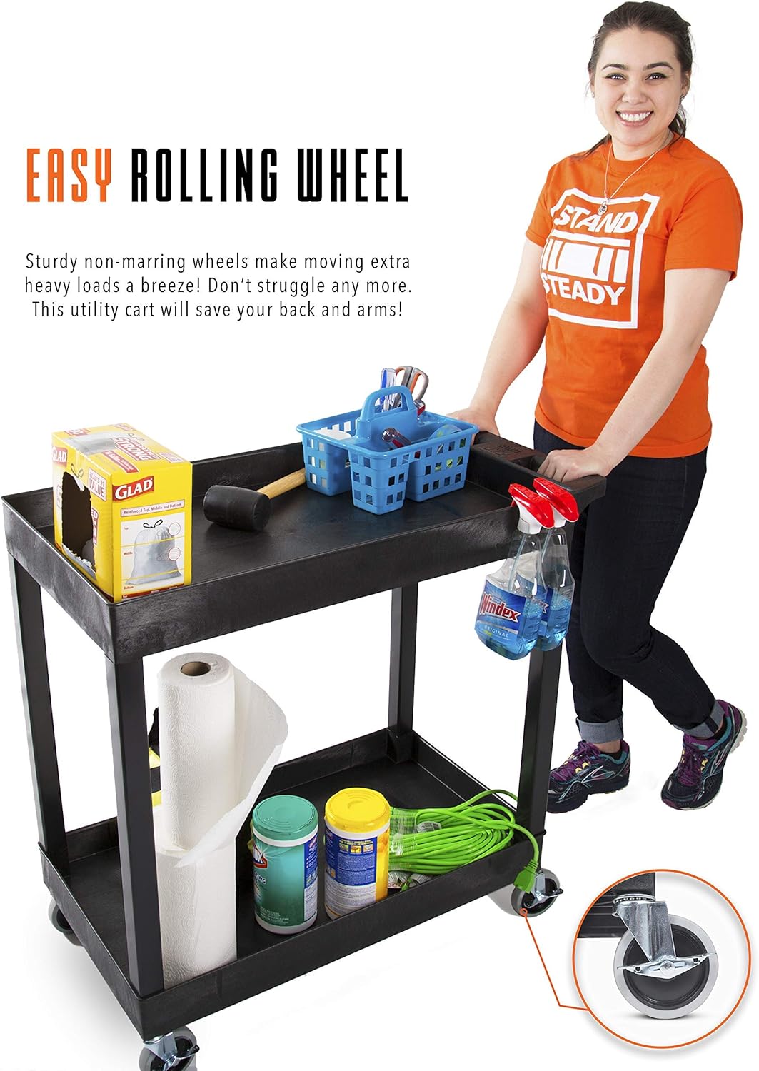 Stand Steady Original Tubstr 2 Shelf Utility Cart/Service Cart Supports up to 400 lbs. - Heavy-Duty Storage Cart for Garage, Warehouse, Kitchens, Plastic Tub Carts with Deep Shelves (Black, 32 x 18)