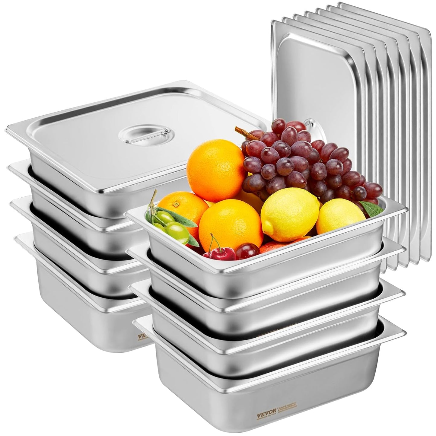 VEVOR 8 Pack Hotel Pans with Lids, 1/2 Size Anti-Jam Steam Pan, 0.8mm Thick Stainless Steel Steam Table Pan, 4-Inch Deep Commercial Table Pan, Catering Storage Food Pan, for Industrial & Scientific