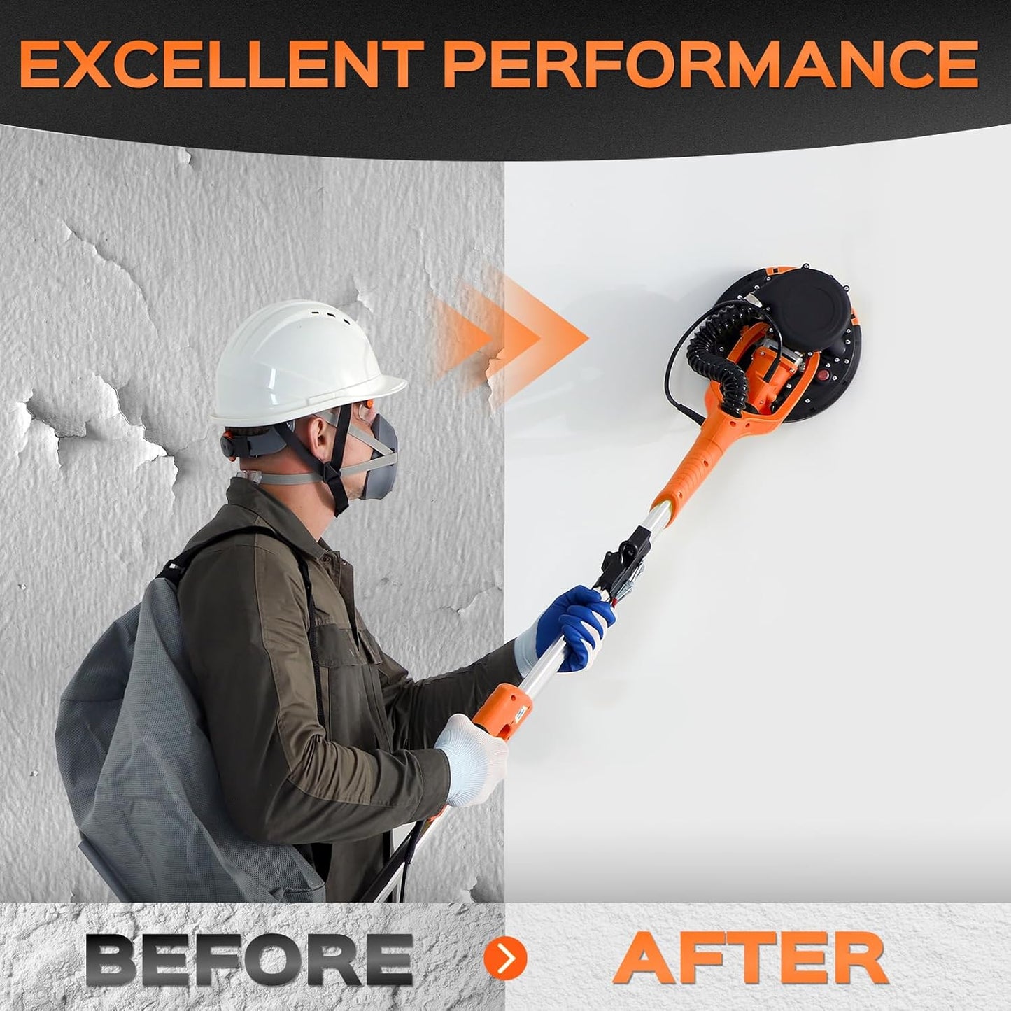 Drywall Sander Tool, KUPERIA 8.5 Amp Popcorn Ceiling Removal Tool with 7 Variable Speed 800-1800RPM,Electric Drywall Sander with Extendable Handle,LED Light,6 Basic Sand Paper& 6 Grid Sandpaper,Orange