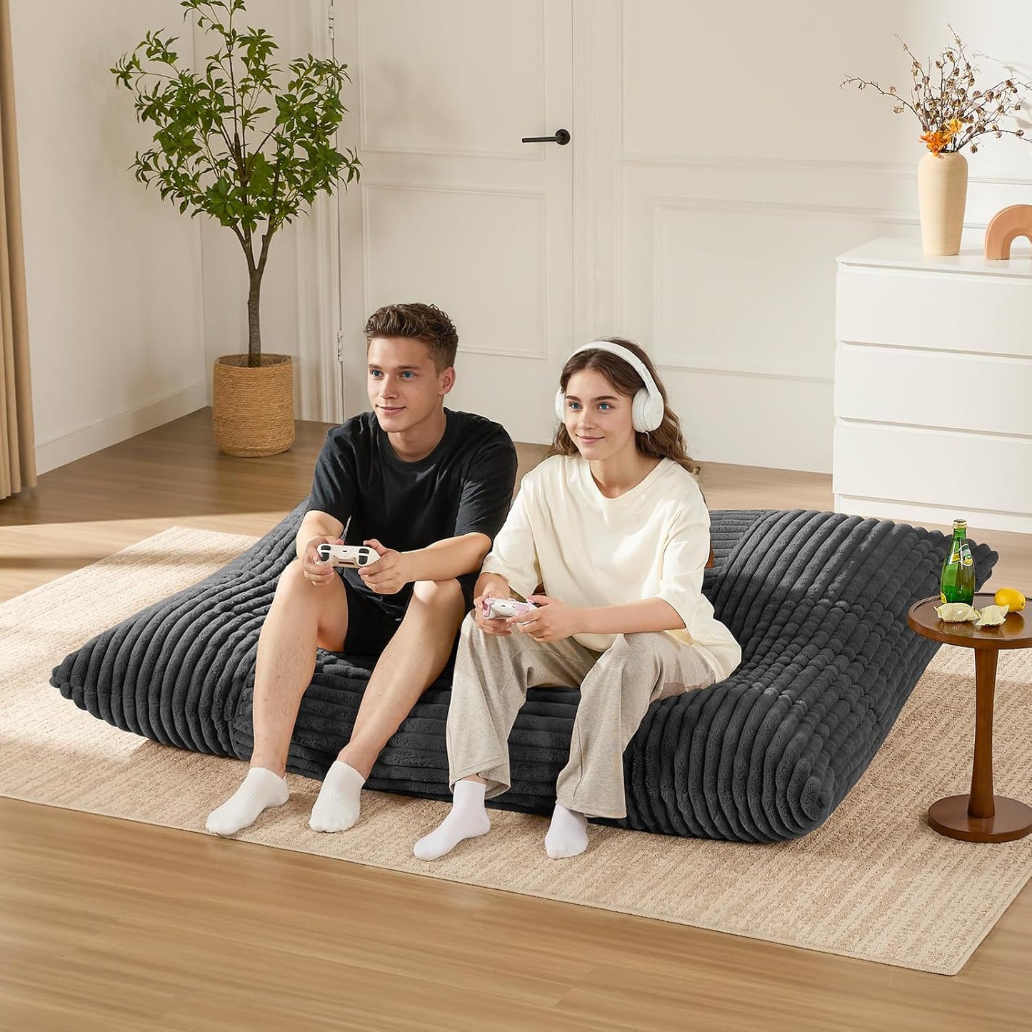3-in-1 Giant Bean Bag Chair for Adults & Kids, Convertible Floor Sofa to Mattress, Memory Foam Beanbag Chair with Washable Cover, Multi Functional Lounge Couch for Bedroom, Living Room (Dark Grey)