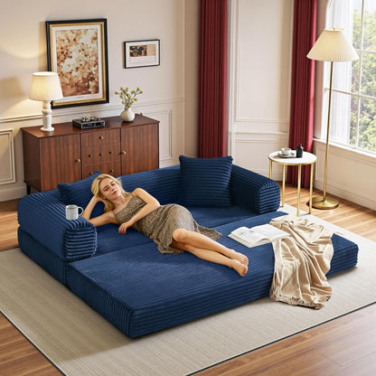 Boneless Couch Versatile Couches for Living Room No-Install Sofa Bed Corduroy Futon Soft Cloud Couch with Pillows for Bedroom Game Movie (Dark Blue, 76")