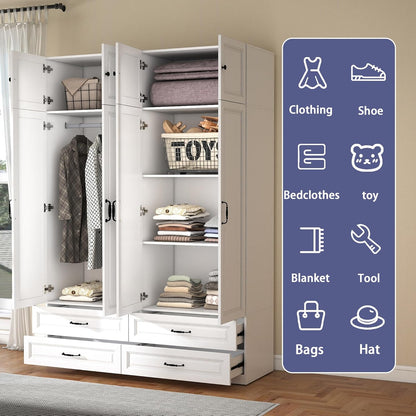 White Armoire Wardrobe Closet: 88" Extra Tall Wardrobe Closet with 4 Drawers, Bedroom Armoires with 4 Doors, Wood Large Armoire with Top Cabinet (63")