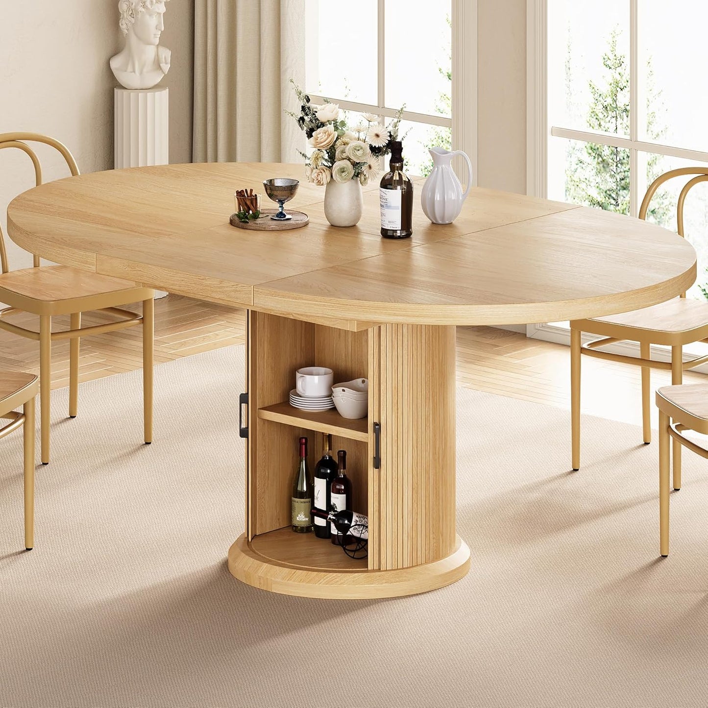 Jocoevol 47″–63″ Extendable Round Dining Table for 4–8 with Dust-Proof 2-Tier Storage Shelf Space-Saving Expandable Dining Room Table Wood Oval Circle Dining Table with Pedestal Base (Natural)