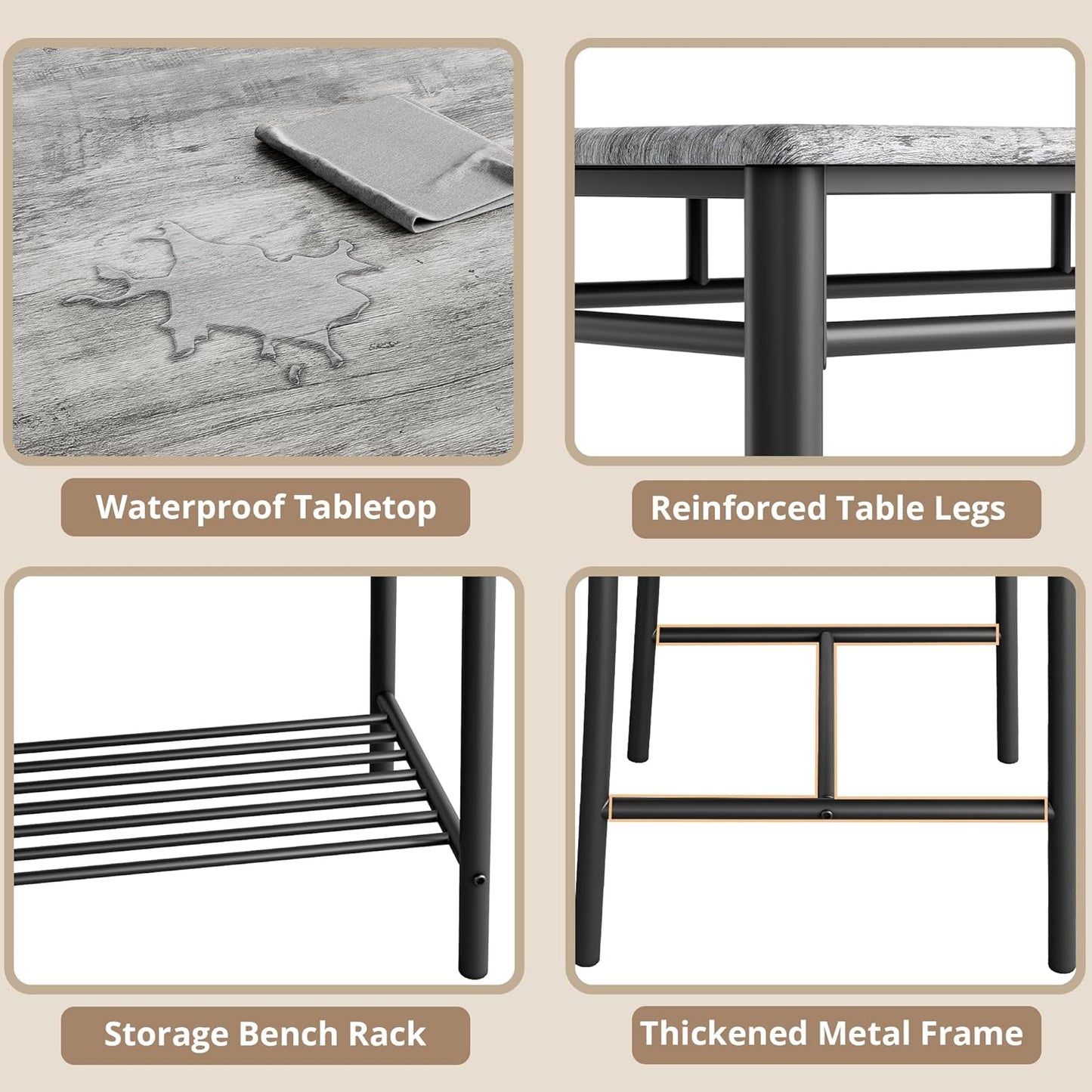 IRONCK Dining Table Set for 4, Kitchen Table with Upholstered Bench and 2 Chairs, Kitchen Table and Chairs Set for Small Space, Apartment, Gray