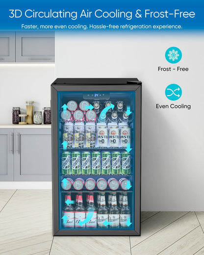 Feelfunn Beverage Refrigerator and Cooler - 126 Can Mini Fridge Glass Door for Soda Beer Wine - Freestanding Beverage Fridge for Bedroom Office Bar, 4 Adjustable Shelves, 3.2 Cu.Ft, Black