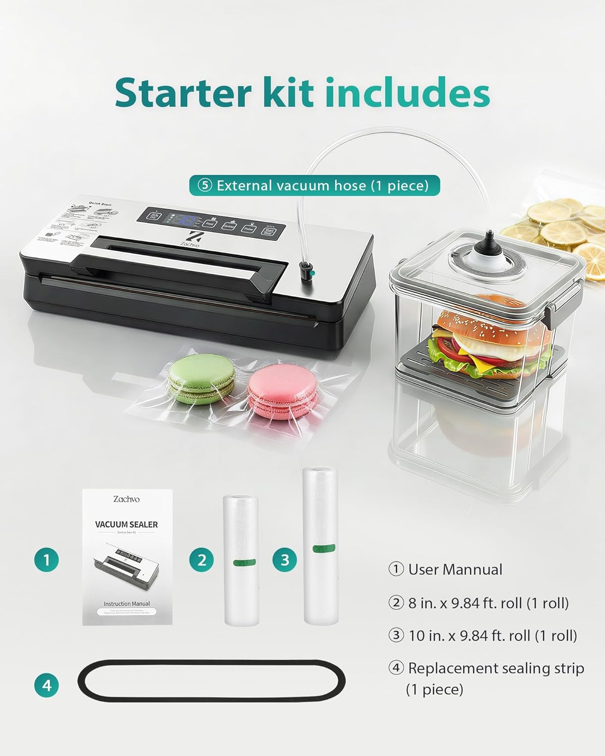 Dual Pump Vacuum Sealer for Food Storage & Sous Vide, Handle Lock, Double Heat Seal 5mm Wide, Built-in Cutter & Bag Roll Storage, External Vacuum Port, Dry/Moist Modes, Starter Kit Included