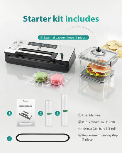 Dual Pump Vacuum Sealer for Food Storage & Sous Vide, Handle Lock, Double Heat Seal 5mm Wide, Built-in Cutter & Bag Roll Storage, External Vacuum Port, Dry/Moist Modes, Starter Kit Included