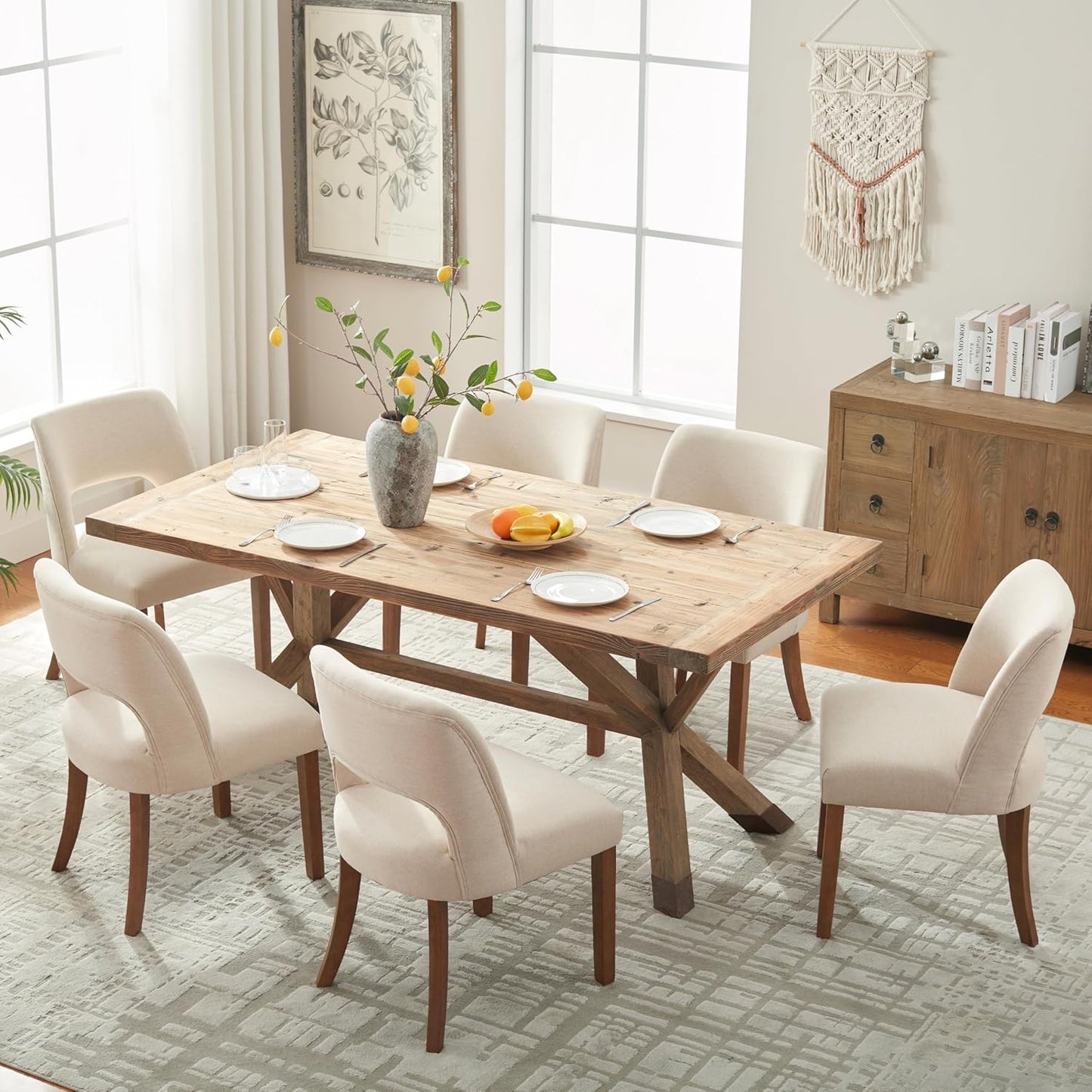 VKNOW Wooden Dining Chairs Set of 6, Modern Fabric Upholstered Dining Room Chair Kitchen Chairs, Farmhouse Dinner Chair for Kitchen Dining Room, Beige
