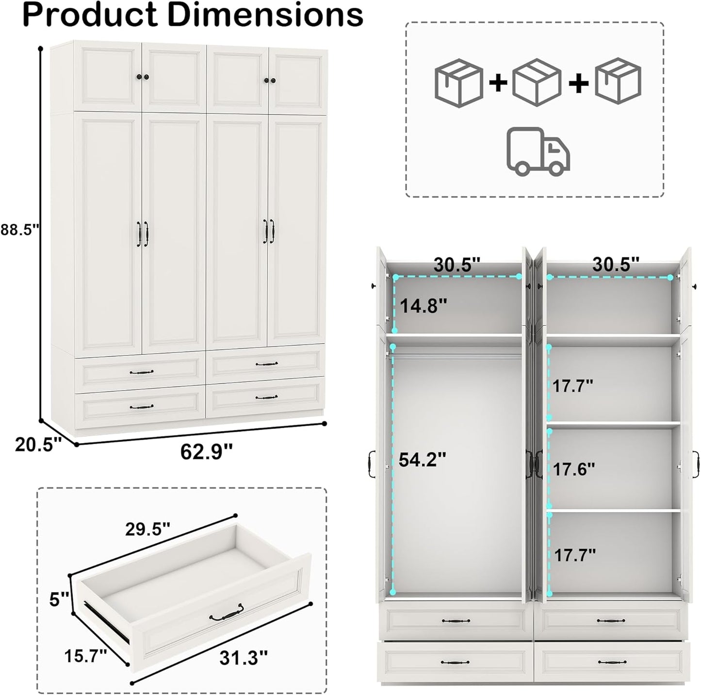 Armoire Wardrobe Closet with Doors: 89" Extra Tall White Wardrobe with Storage on Top, Bedroom Armoires with 4 Doors and 4 Drawers, Large Wood Closet Armoire for Hanging Clothes (B, 63")