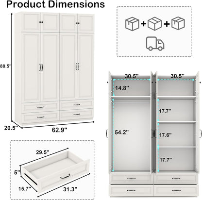 Armoire Wardrobe Closet with Doors: 89" Extra Tall White Wardrobe with Storage on Top, Bedroom Armoires with 4 Doors and 4 Drawers, Large Wood Closet Armoire for Hanging Clothes (B, 63")