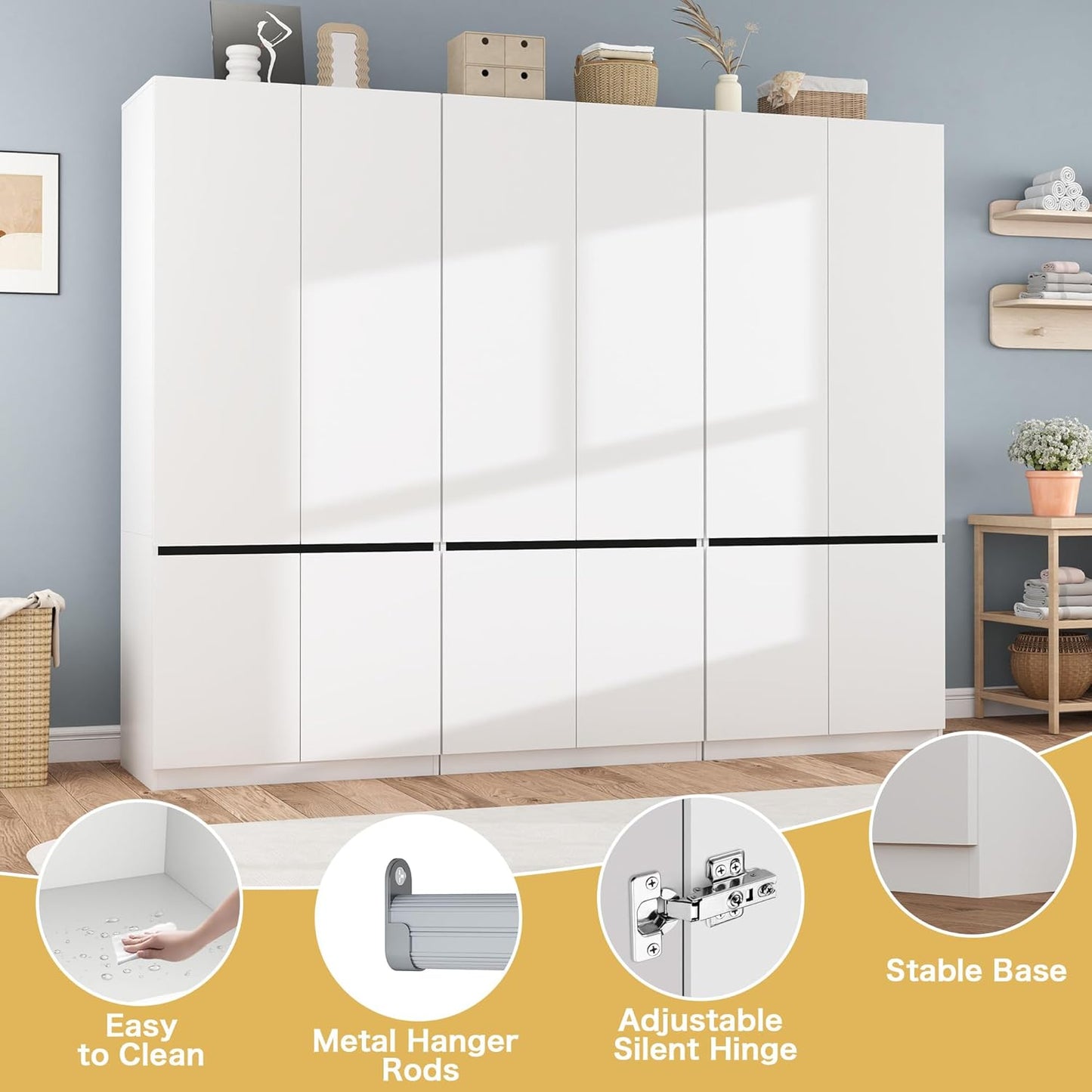 White Armoire Wardrobe Closet: 74" Wooden Wardrobe Closet with 6 Doors, Bedroom Armoires with Hanging Rod, Tall Closets Cabinet for Hanging Clothes (94.5")