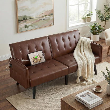 TYBOATLE 65“ Convertible Futon Sofa Bed w/ 2 USB,Tufted Small Adjustable Folding Couch Loveseat, Modern Mid Century Faux Leather Sleeper Sofa for Living Room, Bedroom,Office, Brown
