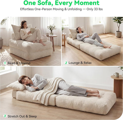 MONVANE Folding Sofa Bed, Fold Out Chair Bed with Pillow, Convertible Sleeper Chair for Living Room/Small Spaces, Foldable Lazy Sofa Bed Floor Chair, Comfy Teddy Velvet Couch Bed, Beige