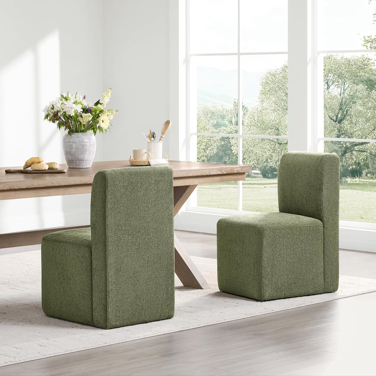 CHITA Dining Chairs with Casters Set of 4, FSC Certified Upholstered Armless Modern Rolling Dining Chairs with Rollers for Bedroom Reading Room Living Room, Moss Green