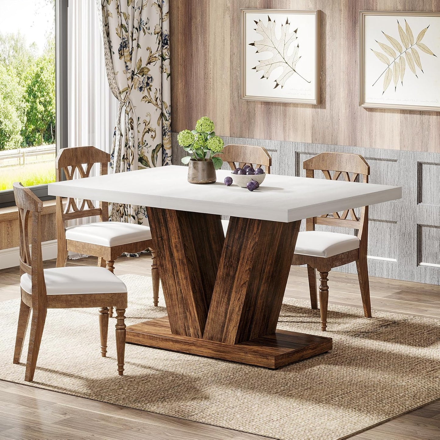 Tribesigns 47-Inch Dining Table for 4, White Kitchen Dinner Table with Heavy Duty Pedestal, Farmhouse Wooden Eating Table for Home, Dining Room, Small Space, White & Brown