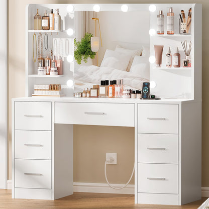 QUIMOO Large Vanity Desk with LED Mirror & Power Outlet