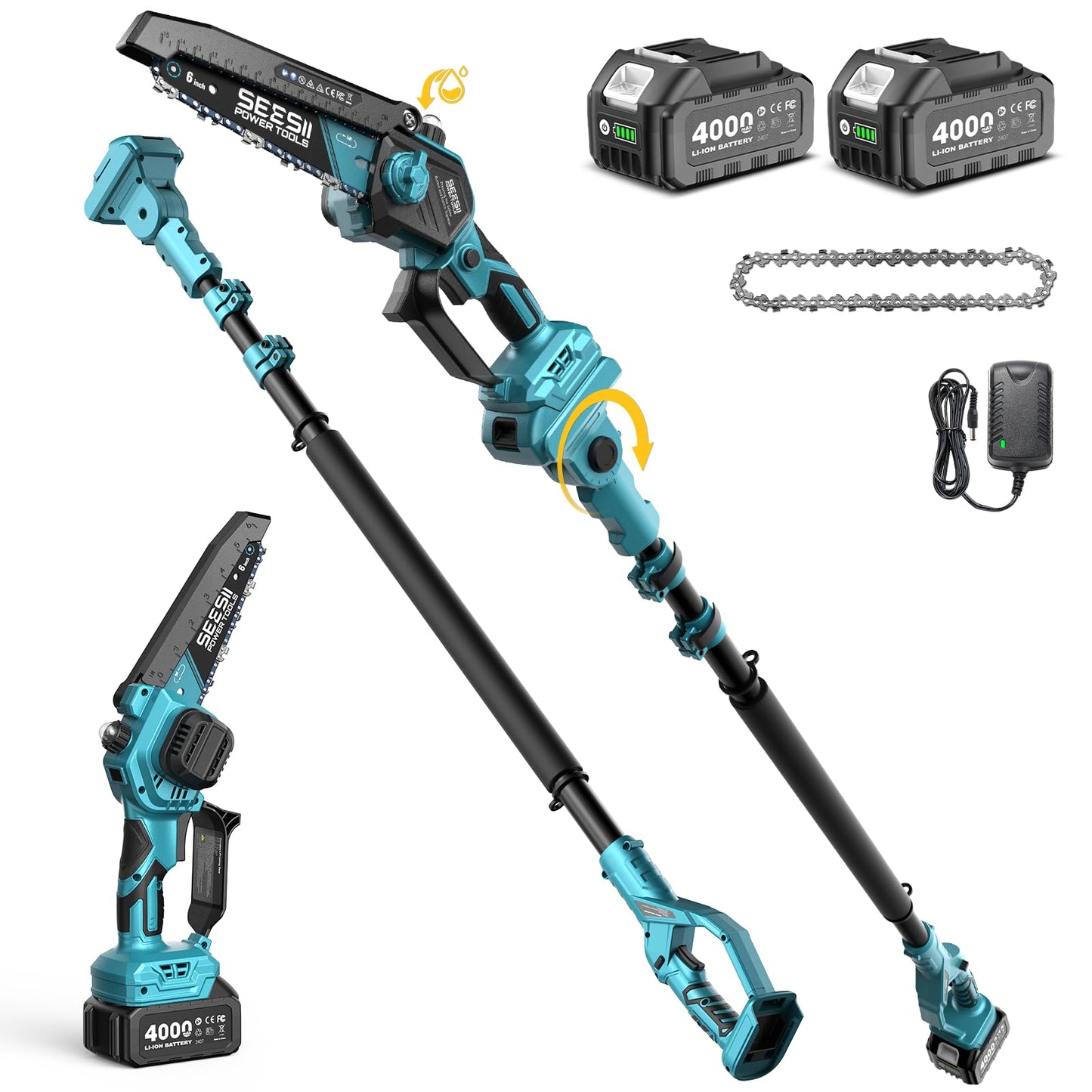 SEESII 2-in-1 Electric Pole Saw with Battery for Tree Trimming