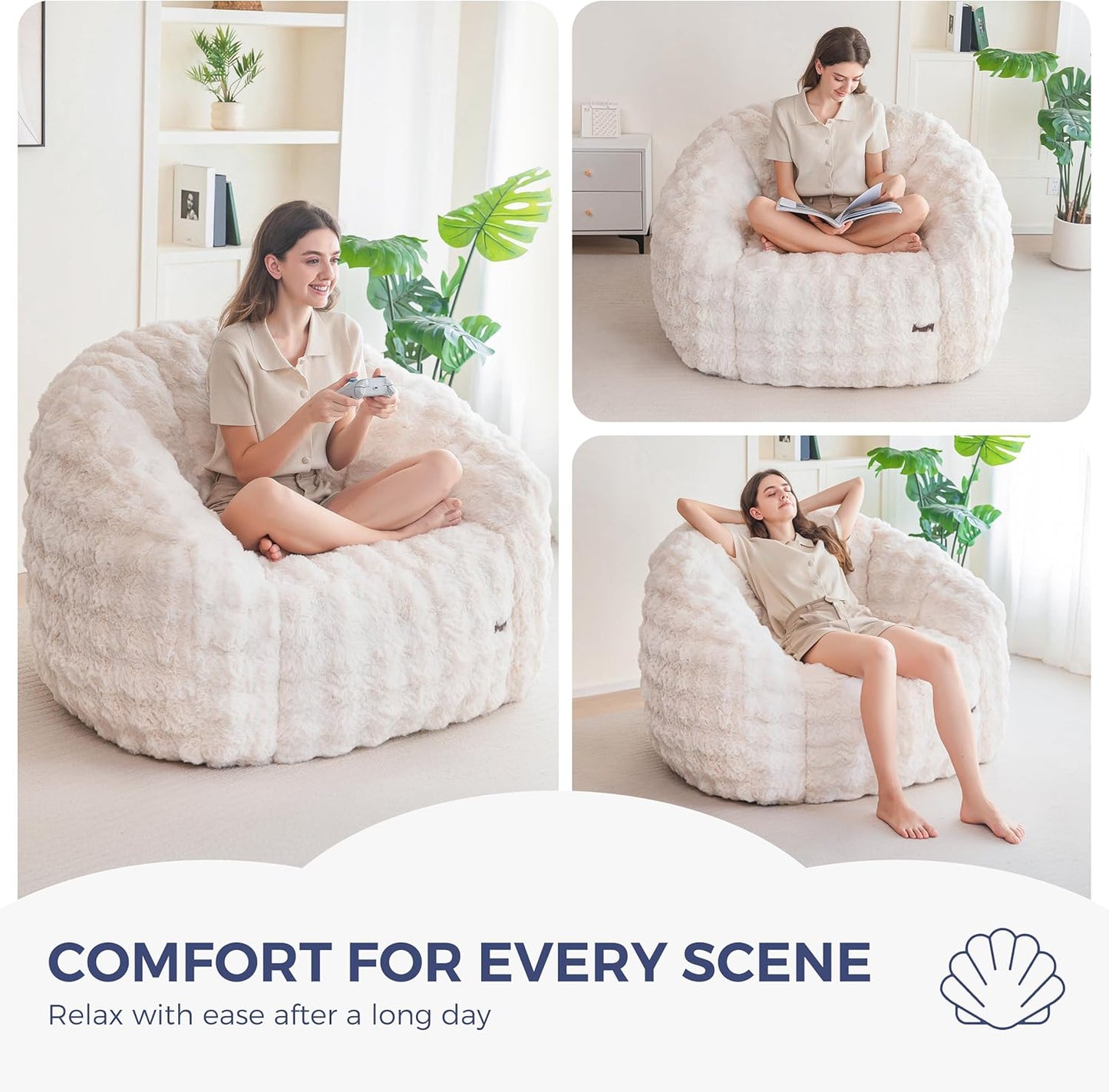 MAXYOYO Giant Bean Bag Chair for Adults, Stuffed Shell-Shaped Large Bean Bag Couch, Cozy Living Room Chair with Filler, Floor Sofa Lazy Sofa for Bedroom Living Room, Beige
