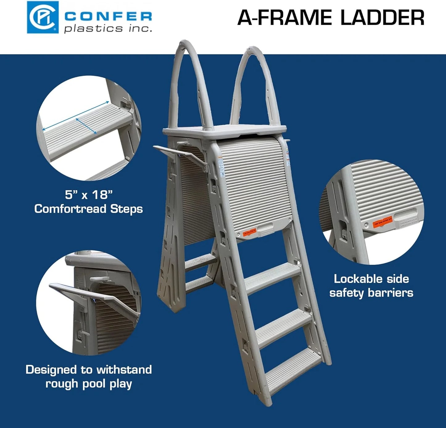 Confer Plastics 7200 Roll Guard 48" to 56" Adjustable A Frame Safety Ladder For Above Ground Outdoor Patio Swimming Pool Platform Ladder with Step Barrier, Warm Grey