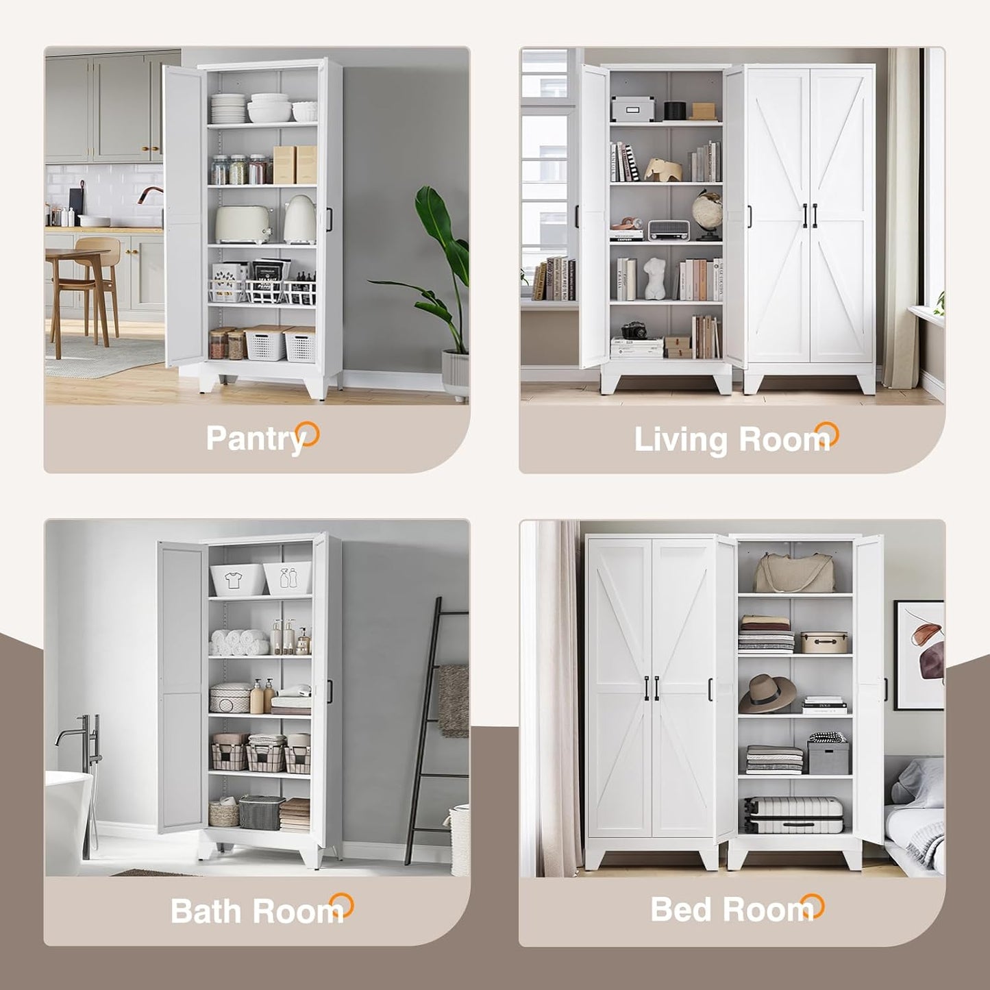 Yizosh Metal Storage Cabinet with Doors and 4 Adjustable Shelves - 75" White Kitchen Pantry Storage,4-Tier Tall Steel Cabinet Locker for Kitchen,Living Room,Dining Room