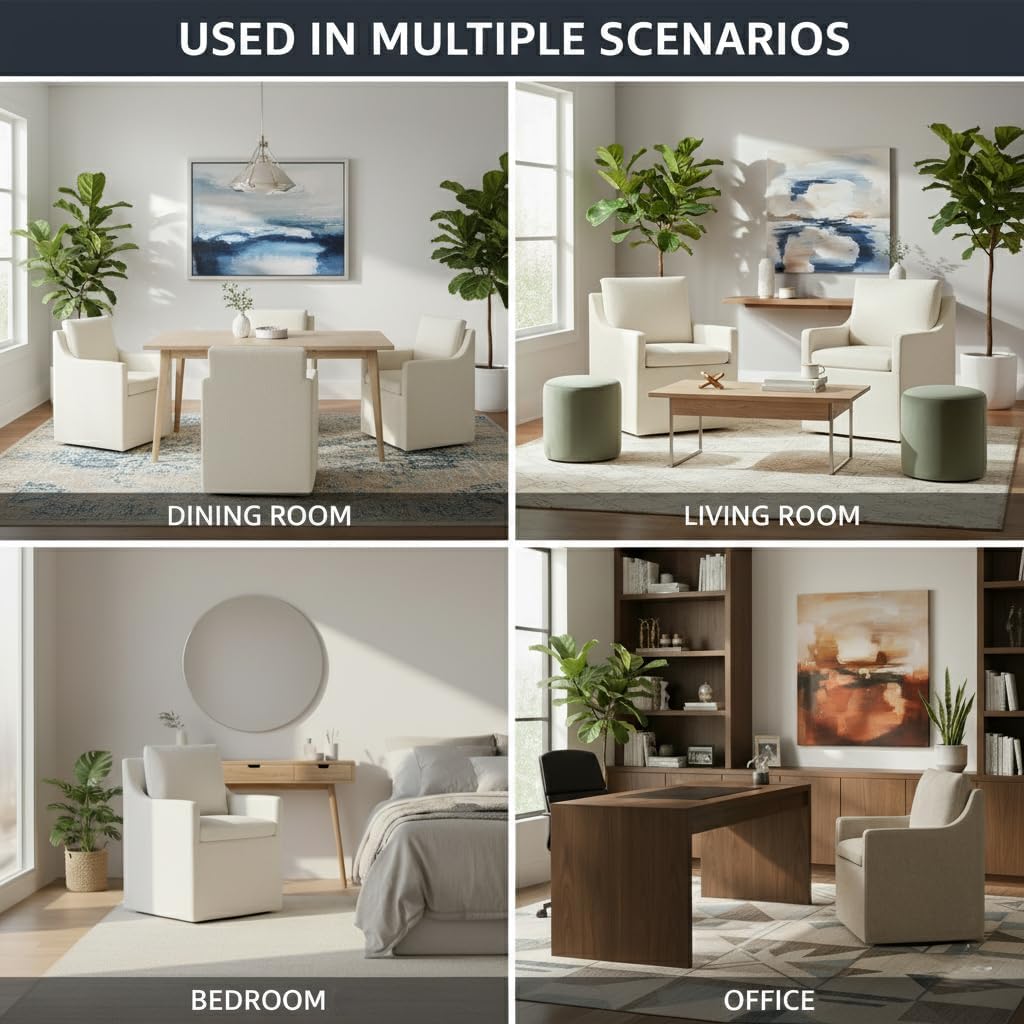 KISLOT Upholstered Dining Chairs Set of 4, Modern Dining Room Chairs with Casters & Washable Cover, Rolling Accent Chair with Hidden Storage for Kitchen, Farmhouse, Living Room, Beige, 4 Box