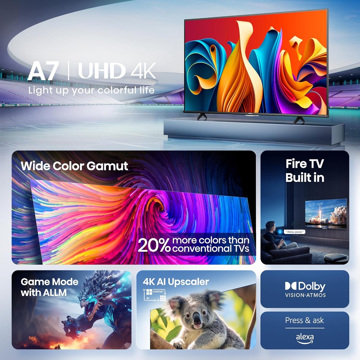 Hisense 55" Class A7 Series (55A7NF,2025 Model) 4K UHD Smart Fire TV, Voice Remote with Alexa, Wide Color Gamut, HDR10+, Dolby Vision, Dolby Atmos, Game Mode, ALLM, Stream Live TV Without Cable