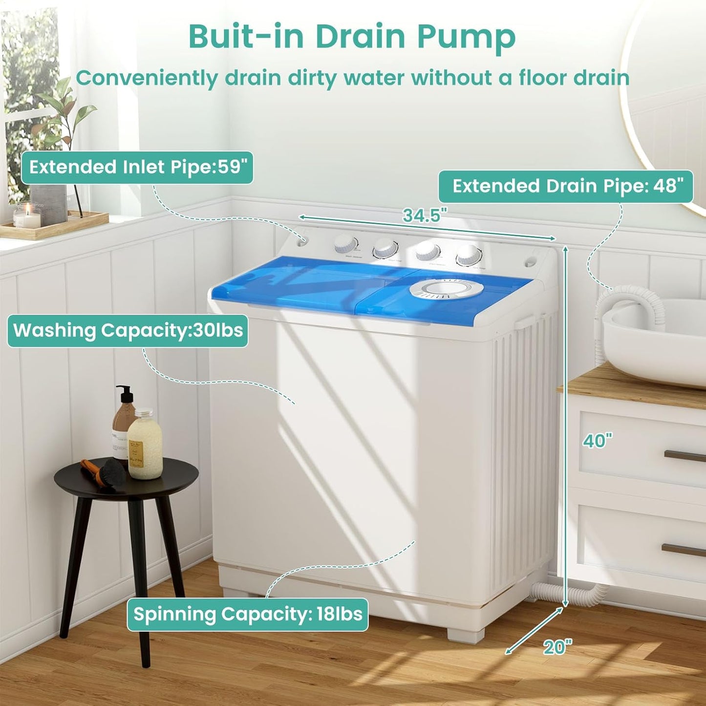 Auertech 48 Lbs Portable Washing Machine, Large Portable Washer for Apartments with 30 Lbs Washer & 18 Lbs Spinner, Clothes Washer Machine with Drain Pump for Apartment, Dormitory and RVs