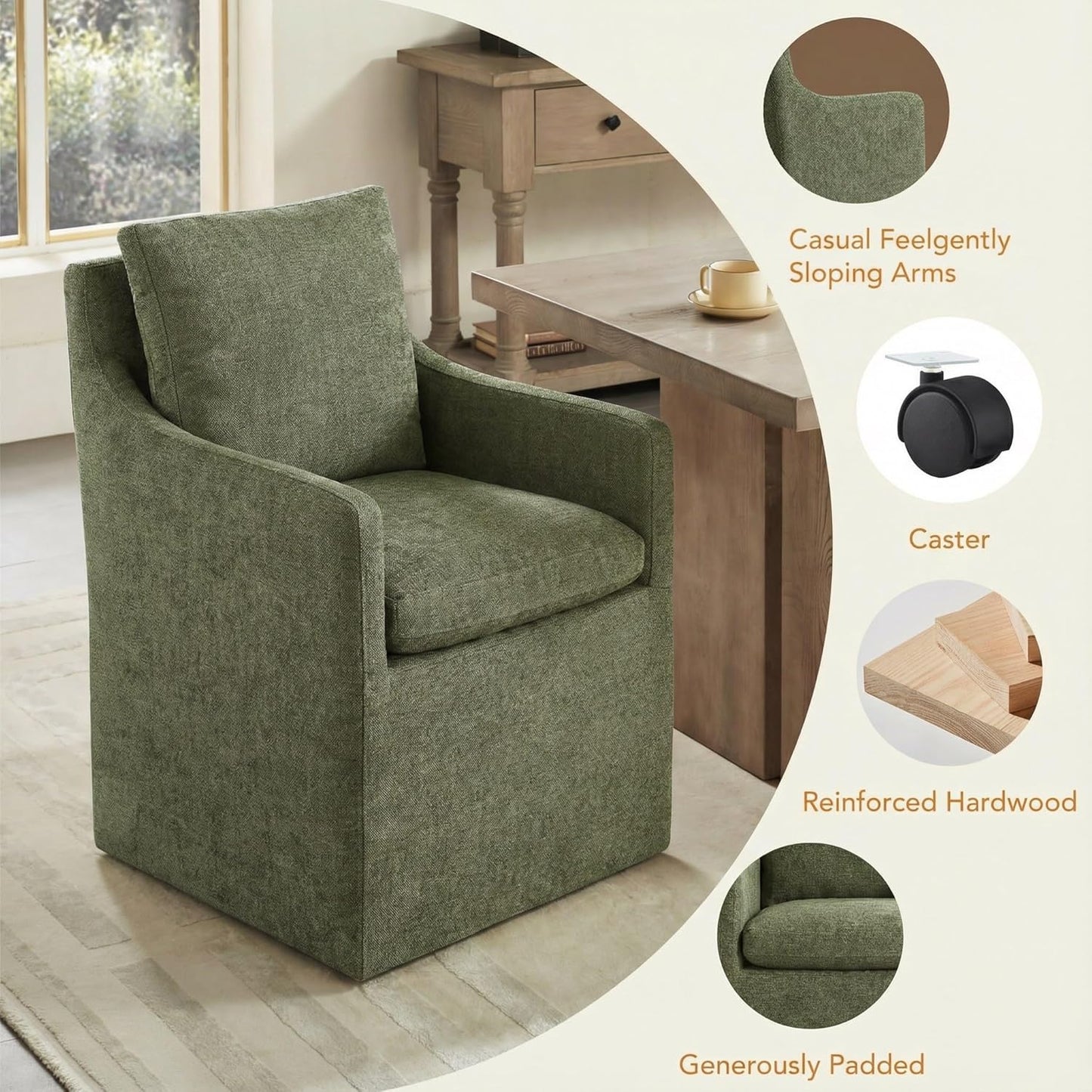 KISLOT Upholstered Dining Chairs with Casters, No Assembly Modern Accent Armchair with Rollers for Dining Room, Bedroom, Living Room, Reading Room, Already Assembled, Green, 2 Box