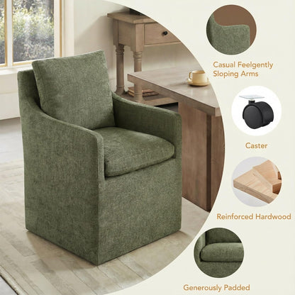 KISLOT Upholstered Dining Chairs with Casters, No Assembly Modern Accent Armchair with Rollers for Dining Room, Bedroom, Living Room, Reading Room, Already Assembled, Green, 2 Box