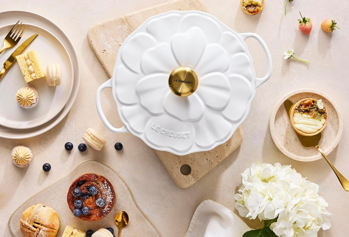Le Creuset Enameled Cast Iron Signature Petal Braiser, 2.25 qt., White w/Gold Knob