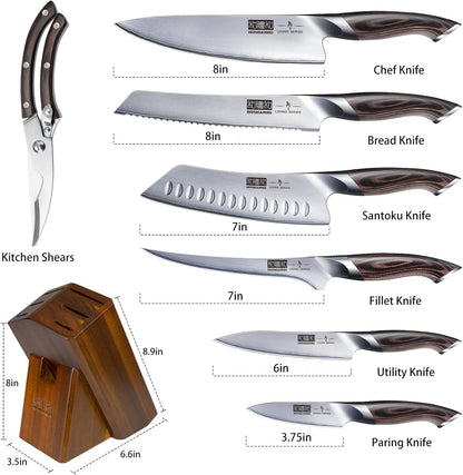 HOSHANHO 8-Piece Kitchen Knife Set, Japanese High Carbon Super Steel Knife Sets with Block, Professional Ultra Sharp Chef Knife Set with Scissors