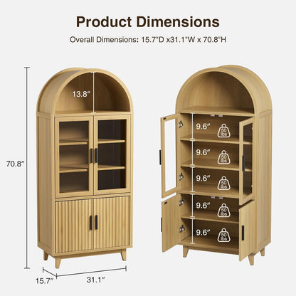 FiveWillowise Arched Cabinet with Glass Doors, 71" Tall Fluted Galss Cabinet with Solid Wood Legs, Adjustable Shelves Accent Furniture for Living Room, Kitchen, Dining Room, Entryway, Natural
