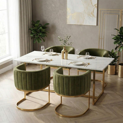 Hyfirm Olive Green and Gold Modern Barrel Dining Room Chairs Set of 4, Velvet Upholstered Accent Chairs with Curved Back for Kitchen Island, Luxury Comfort Seating Cantilever Metal Frame