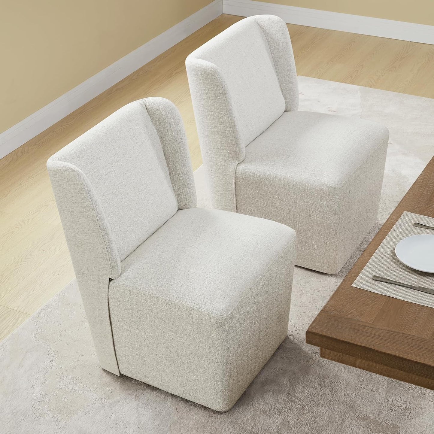 KISLOT Upholstered Dining Chairs Set of 4 with Casters, Wingback Modern Side Armless Deskchair with Rollers for Diningroom Bedroom Livingroom Reading Room, Linen Fabric