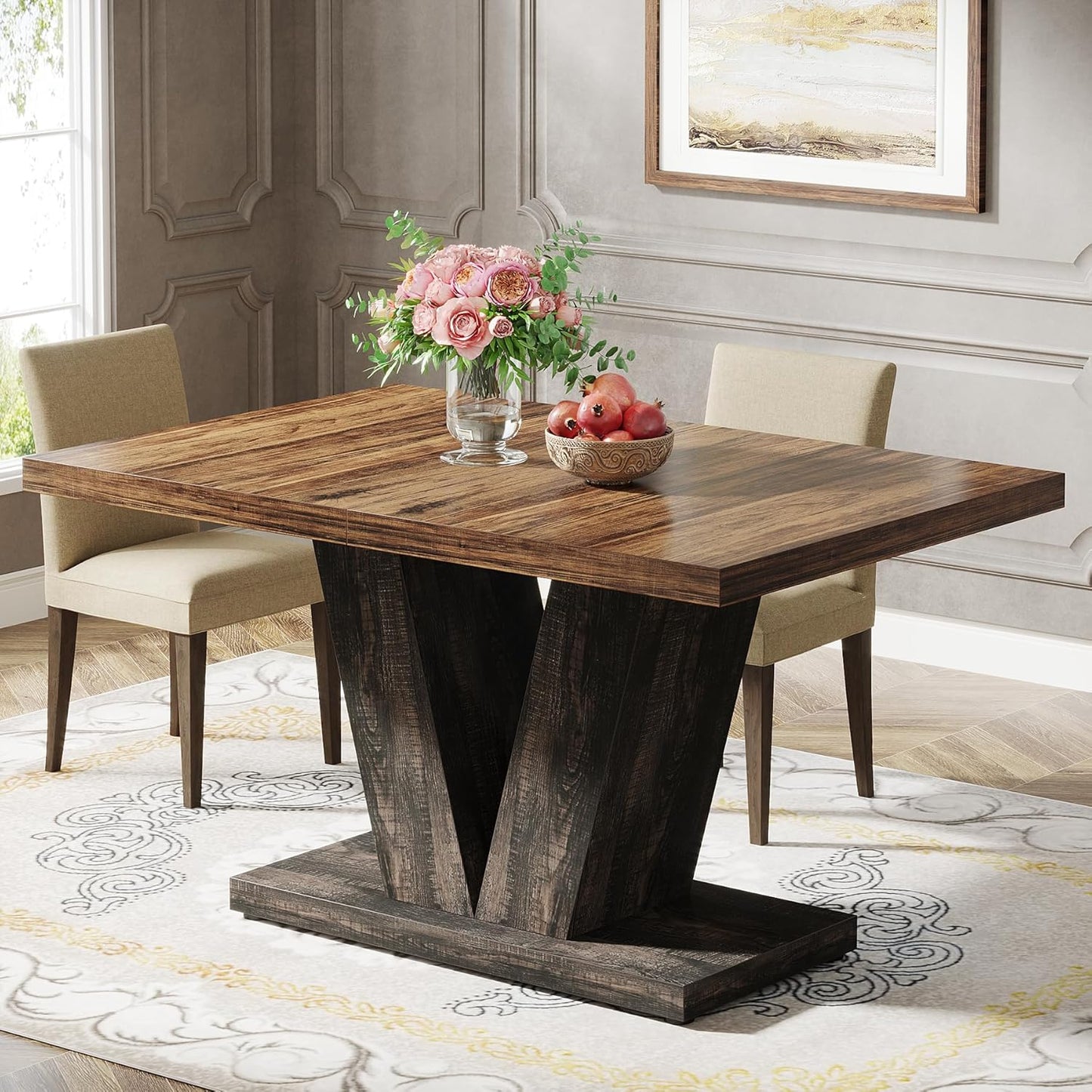 Tribesigns 47-Inch Dining Table for 4, Black Kitchen Dinner Table with Heavy Duty Pedestal, Farmhouse Wooden Eating Table for Home, Dining Room, Small Space, Black & Brown