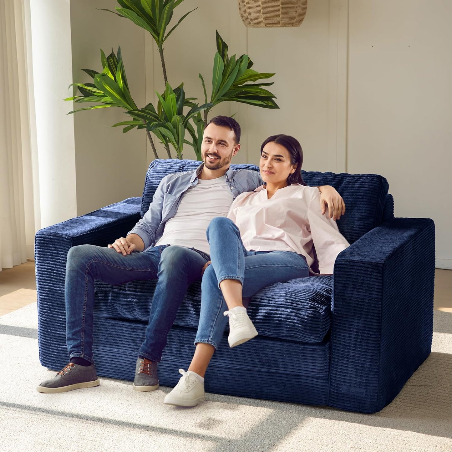 MAXYOYO Convertible Sofa Bed, Pull Out Loveseat Sleeper Sofa, Folding Couch Bed with Pillows for Living Room, Navy