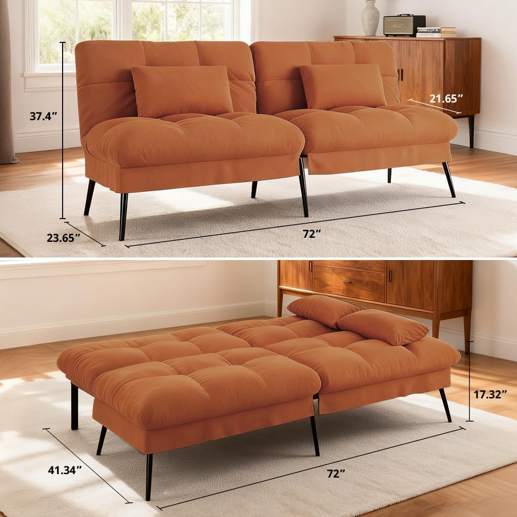 COMHOMA Convertible Sofa Bed,68″Fabric Couch with Adjustable Backrest,Loveseat Recliner Sleeper Living Room Furniture futon Set,Orange