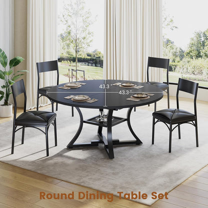 Itaar Round Extendable Dining Table Set for 4-6 People, 5-Piece Kitchen Table Set with 4 Cushion Chairs, Dining Room Table for 6 with MDF Board & Metal Frame for Small Space, Easy Clean, Black