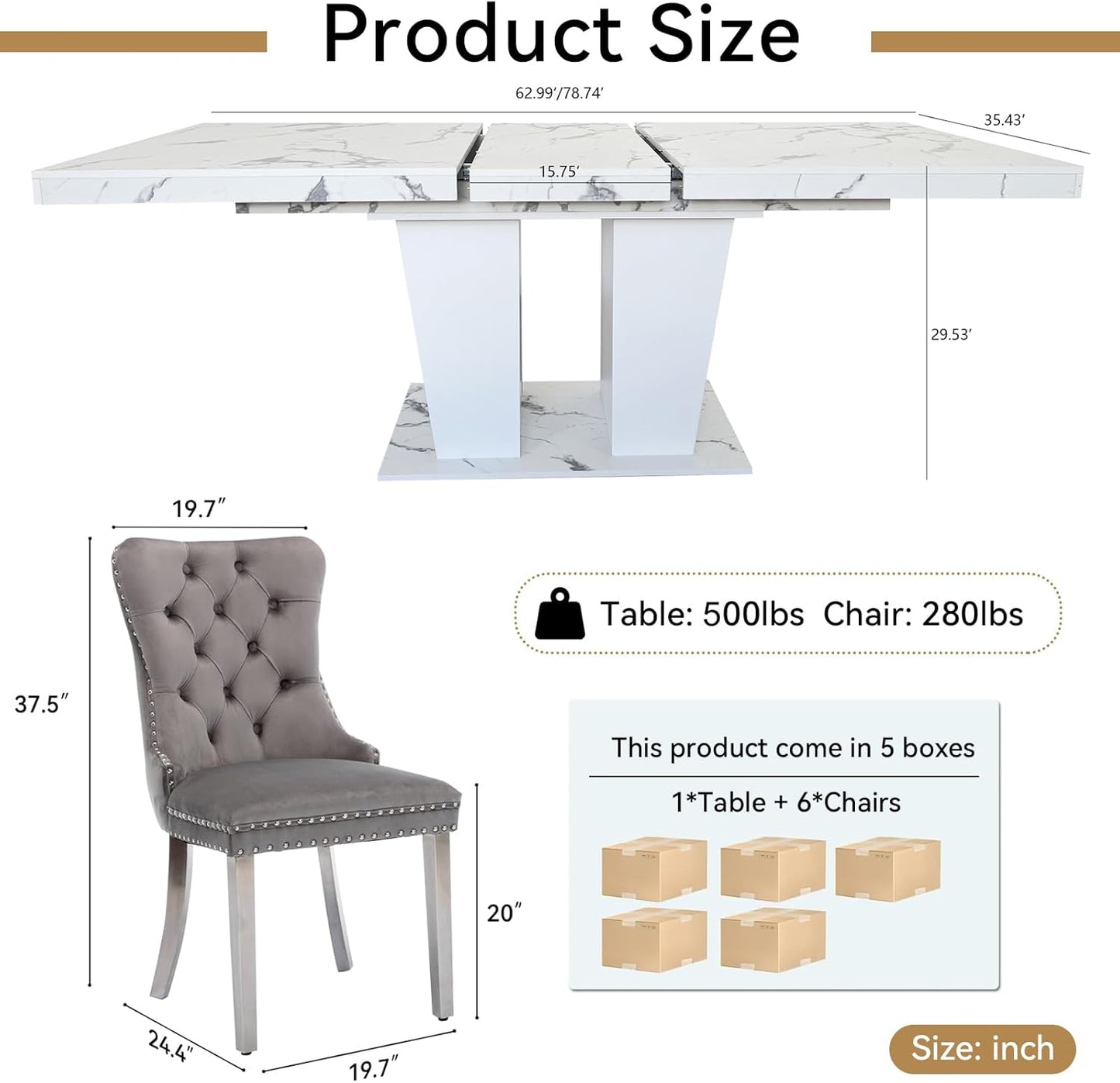 Henf 7 Pieces Faux Marble Dining Table Set for 6, 63"-79" Extendable Dining Room Table and 6 Grey Tufted Chairs Set for 6, Modern Large Expandable Kitchen Table with White Double Columns Base