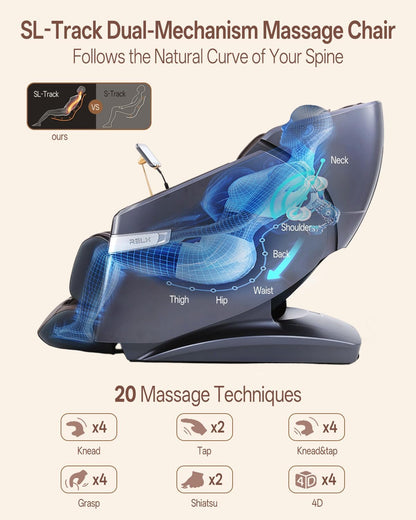 RELX 4D Massage Chair Full Body, 23 Modes Zero Gravity SL-Track Shiatsu Massage Chair with Electric Extendable Footrest, Airbag Massage with Body Scan, Shawl, Deep Yoga Stretch and AI Control(Brown)