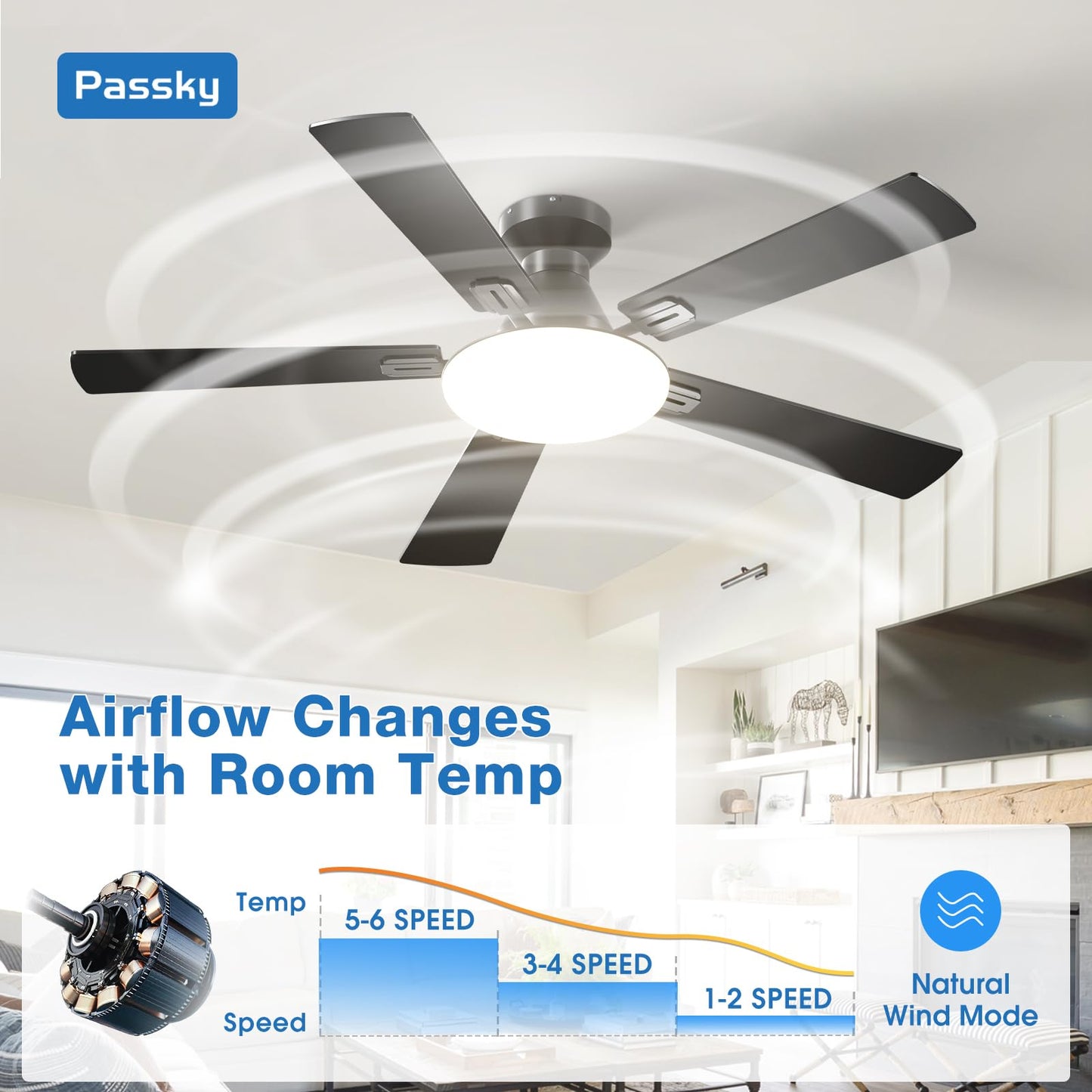 PASSKY 52-Inch Flush Mount Ceiling Fan with Lights & Remote