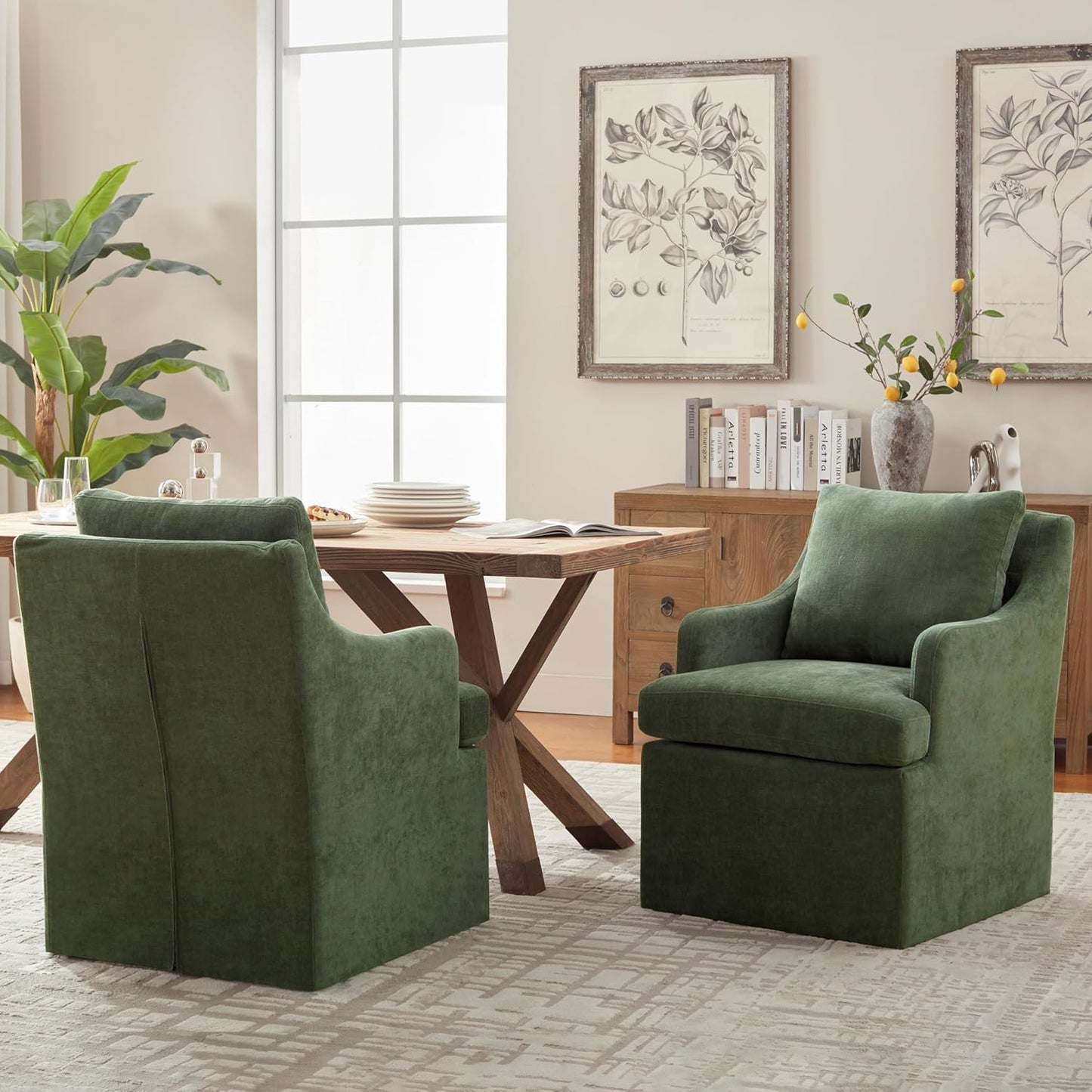 VKNOW Upholstered Dining Chairs Set of 4, Modern Kitchen Chairs Dinner Chairs with 4 Casters, Chenille Armchair for Bedroom Reading Room Living Room, Green