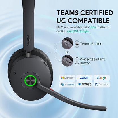 Yealink BH74 ANC Bluetooth Headset with Microphone for Hybrid Work, Microsoft Teams Premium Open Ofﬁce Certified Headsets with 6-mics Active Noise Cancellation, Zoom Certified, 65H, Charging Stand