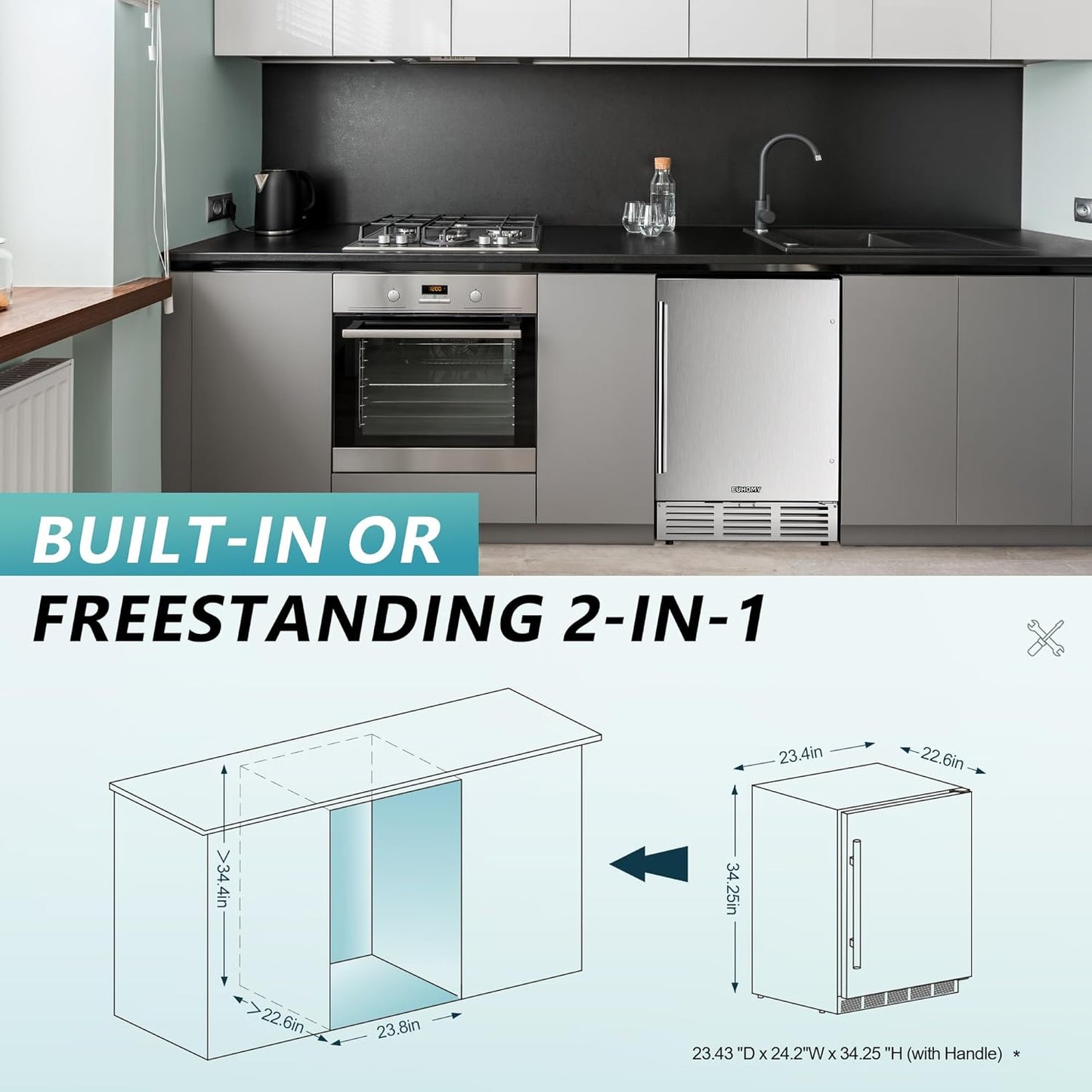 EUHOMY 24 Inch Beverage Refrigerator, Built-in and Freestanding Beverage Cooler 180 Can, Under Counter Beverage Fridge with Stainless Steel Door, Outdoor Refrigerator for Soda, Beer, Wine