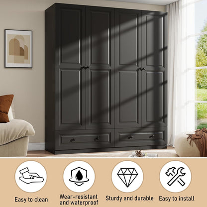 Armoire Wardrobe Closet with Drawers: 74" Black Tall Wooden Wardrobe Closet for Hanging Clothes, Large Bedroom Armoires with 2 Drawers, 4 Door Armoire Storage Cabinet (Black, 63")